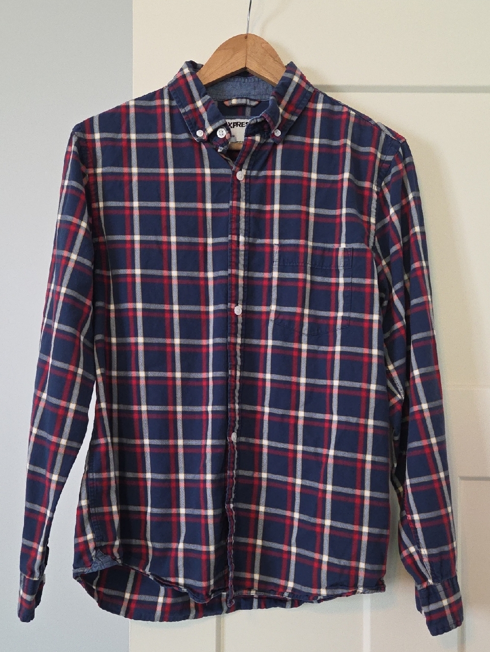 Express Navy, Red & White Plaid Button-Down Shirt